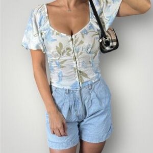 Sienna sky Smocked Puff-Sleeve Floral Top in Light Blue and Olive